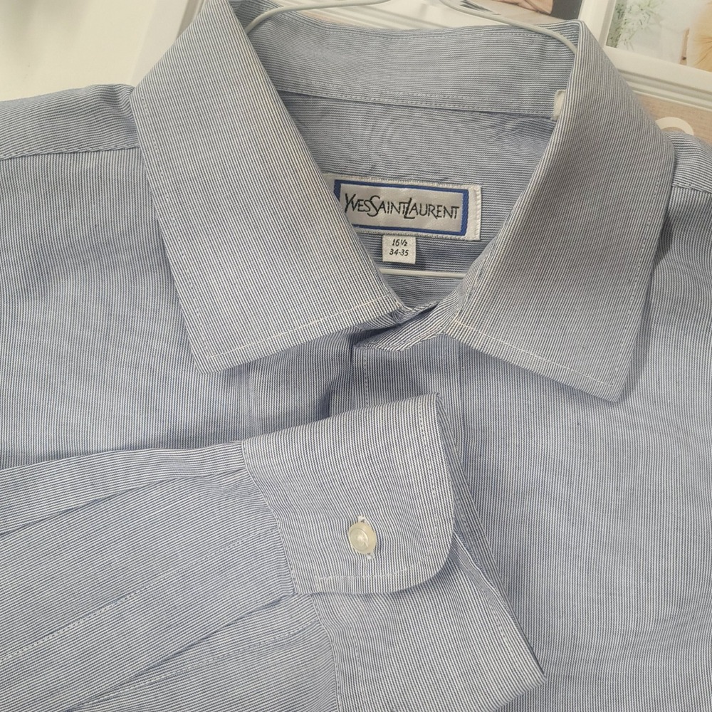 Yves Saint Laurent YSL Mens Dress Shirt Blue Stripe Sz 16 1/2 34 35 Button Down